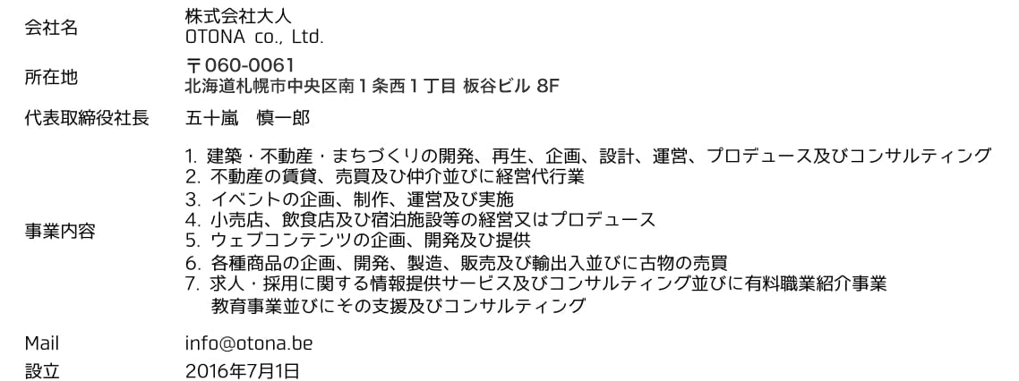 株式会社大人 建築、不動産、まちづくりの開発、再生、企画、設計、運営、プロデュース及びコンサルティング。不動産の賃貸、売買及び仲介並びに経営代行。イベントの企画、制作、運営及び実施。小売店、飲食店及び宿泊施設等の経営又はプロデュース。ウェブコンテンツの企画、開発及び提供。各種商品の企画、開発、製造、販売及び輸入並びに古物の売買。求人、採用に関する情報提供サービス及びコンサルティング並びに有料職業紹介事業。教育並びにその支援及びコンサルティング。